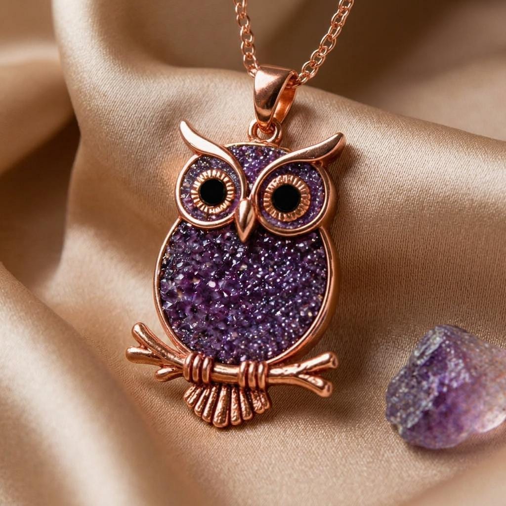 Amethyst Druzy Owl Necklace | 925 Sterling Silver | Nature Inspired Animal Design | Wisdom & Protection Gift