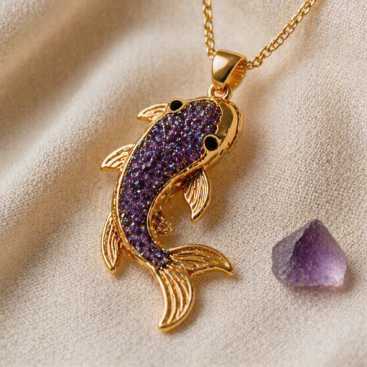 Amethyst koi fish druzy necklace | 925 Sterling Silver Plated | Symbolic Ocean Theme | Good Luck & Prosperity Gift