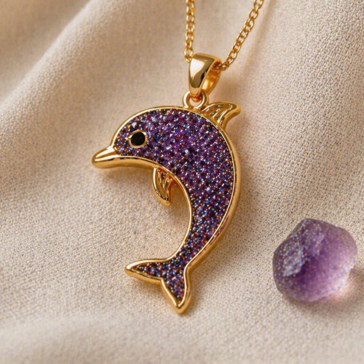 Amethyst Druzy Dolphin Necklace | Gold Plated 925 Silver | Oceanic Animal Theme | Meaningful Birthday Gift