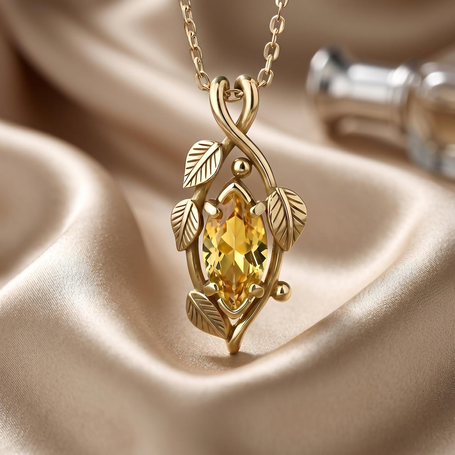 Golden Ivy Marquise Birthstone Pendant Necklace | 925 Sterling Silver | Nature Inspired Leaf Design | Personalized Birthday Gift