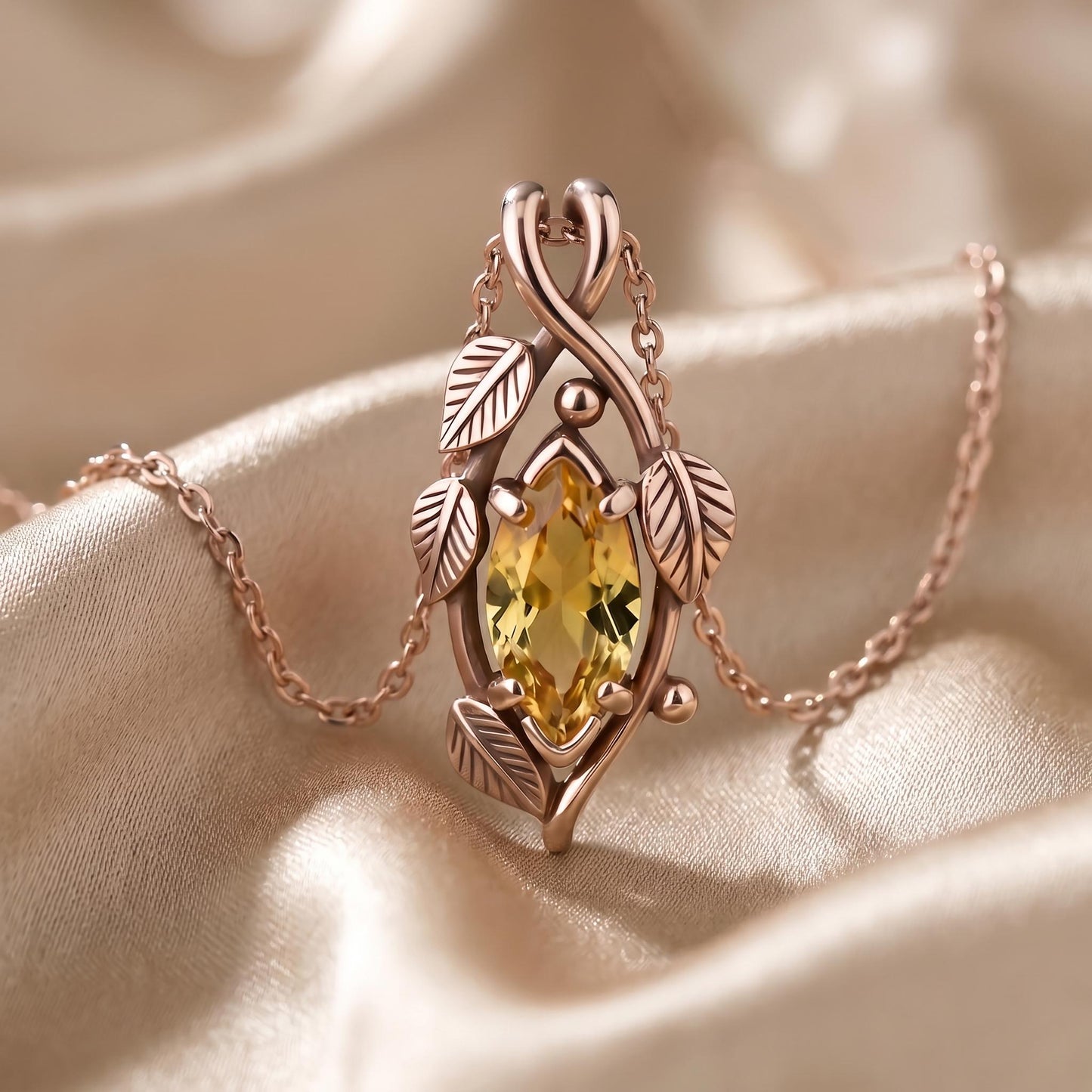 Golden Ivy Marquise Birthstone Pendant Necklace | 925 Sterling Silver | Nature Inspired Leaf Design | Personalized Birthday Gift