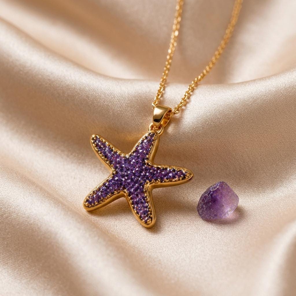 Amethyst Druzy Starfish Necklace | Gold Plated Silver Jewelry | Oceanic Nature Theme | Thoughtful Birthday Gift