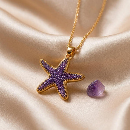 Amethyst Druzy Starfish Necklace | Gold Plated Silver Jewelry | Oceanic Nature Theme | Thoughtful Birthday Gift