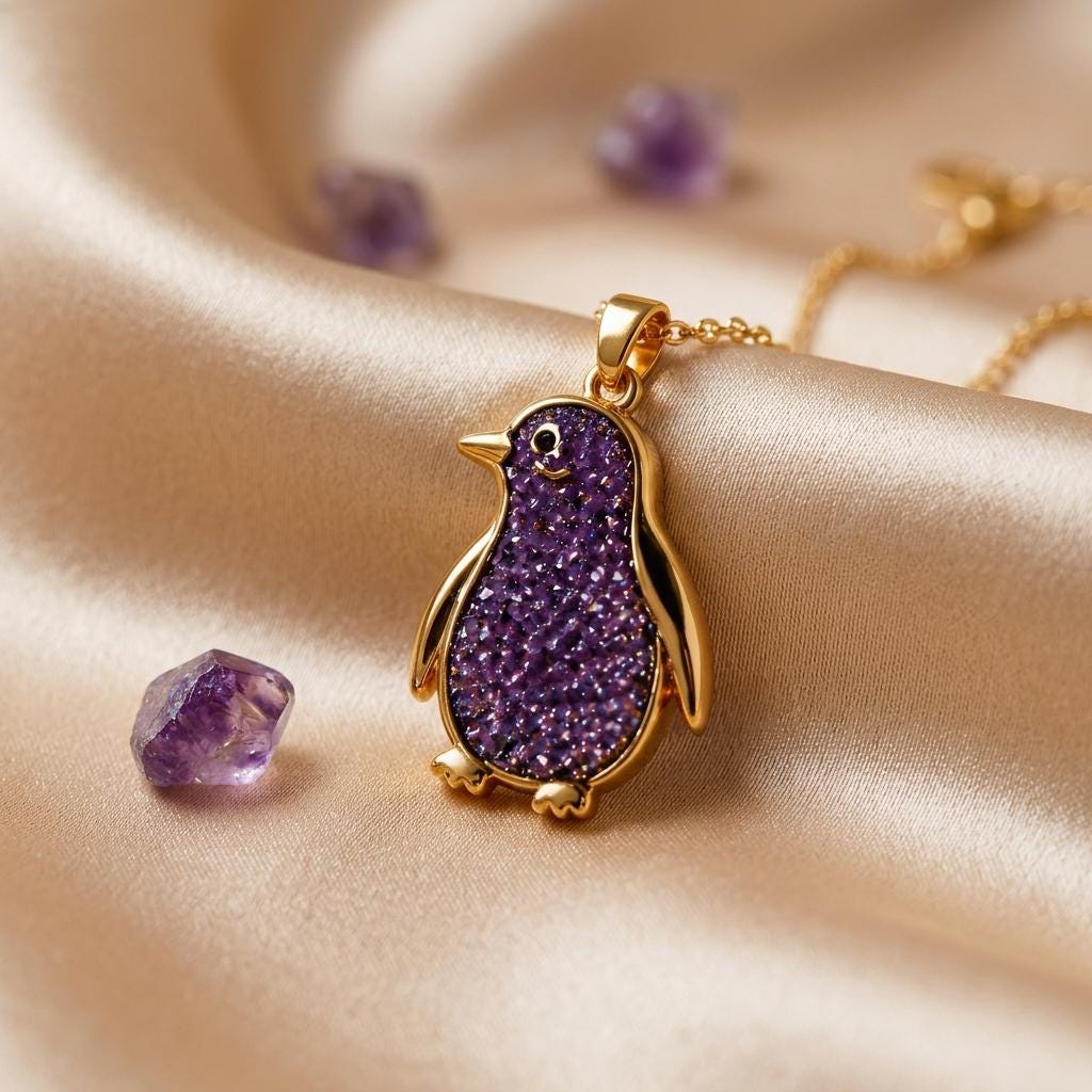 Amethyst Druzy Penguin Necklace | 925 Sterling Silver | Sparkling Animal Charm | Thoughtful Gift for Her
