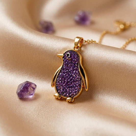 Amethyst Druzy Penguin Necklace | 925 Sterling Silver | Sparkling Animal Charm | Thoughtful Gift for Her