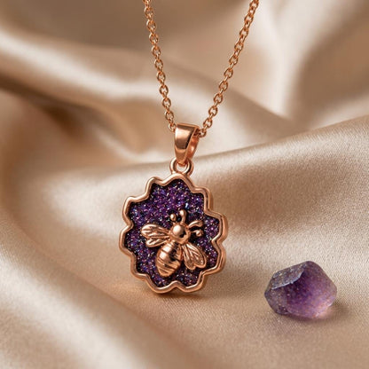 Amethyst Druzy Honeycomb Necklace | 925 Sterling Silver & Amethyst | Nature Inspired Whimsical Bee | Birthday Anniversary Gift for Her