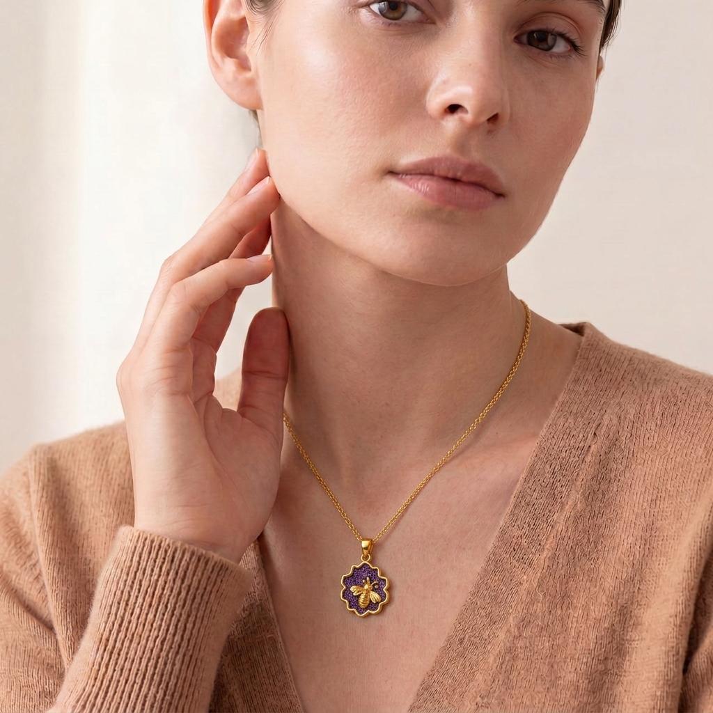 Amethyst Druzy Honeycomb Necklace | 925 Sterling Silver & Amethyst | Nature Inspired Whimsical Bee | Birthday Anniversary Gift for Her