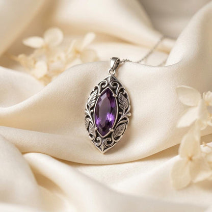 Personalized Leaf Vine Amethyst Necklace | 925 Sterling Silver Amethyst | Vintage Leaf Vine Design | Meaningful Occasion Gift