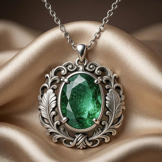 Vintage Emerald Birthstone Necklace | 925 Sterling Silver for Her | Ornate Botanical Design | Birthday Anniversary Gift