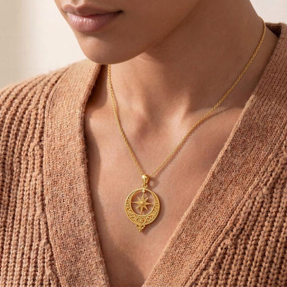 Ottoman Crescent Necklace | 925 Sterling Silver | Celestial Compass Design | Inspirational Guidance Gift