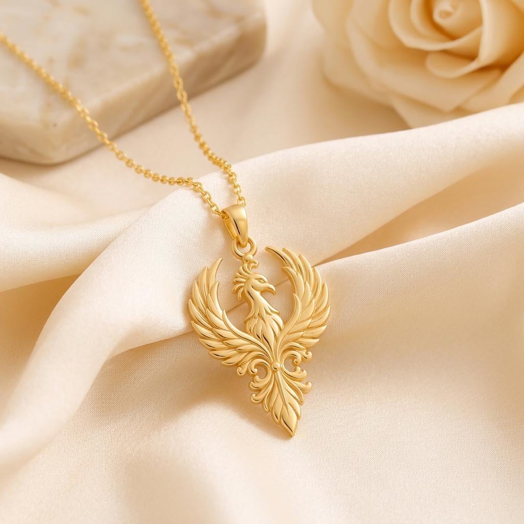 Phoenix Feather Crest Necklace | Sterling Silver Gold Finish | Mythical Rebirth Symbol | Empowerment & Renewal Gift