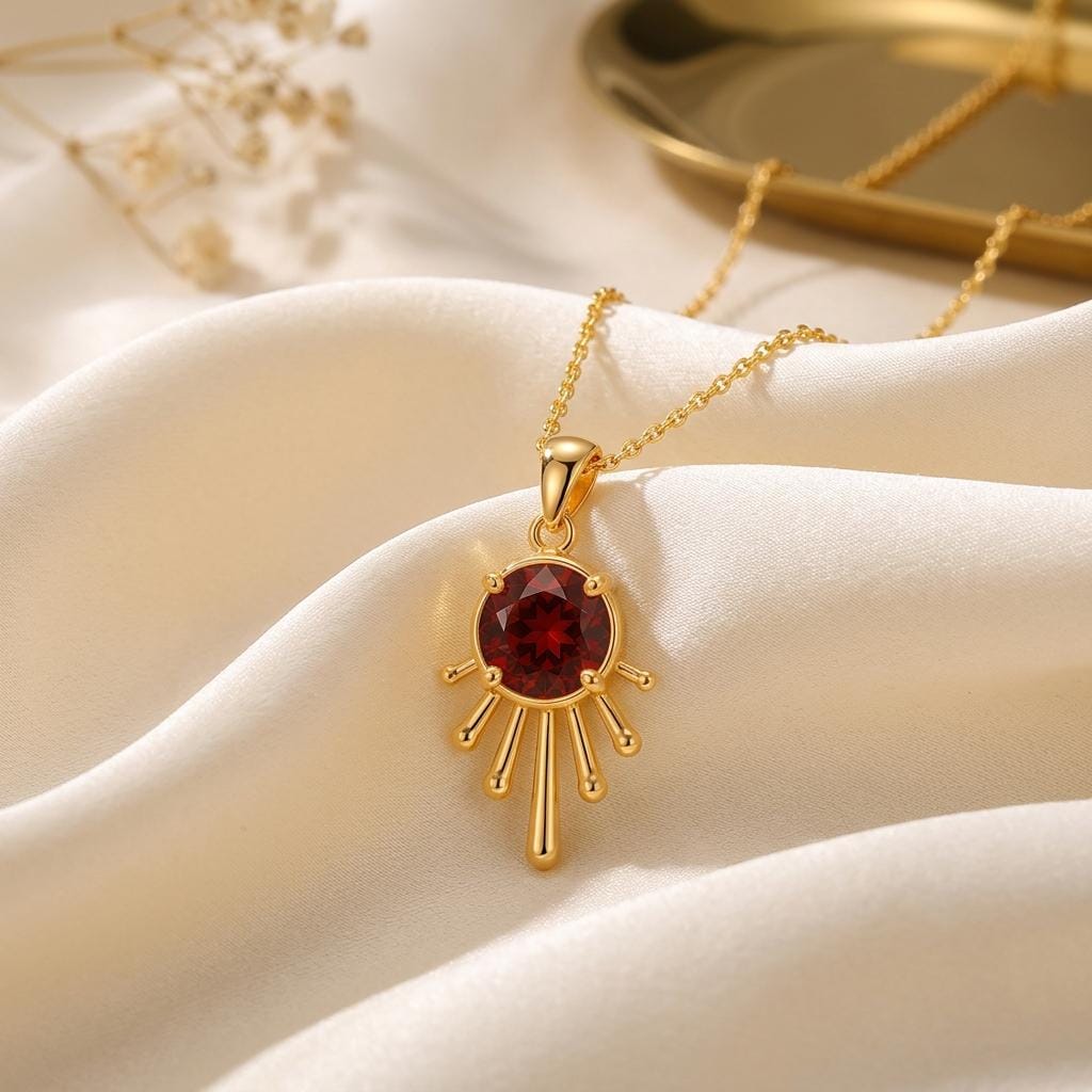 Sun Drop Pendant | 925 Sterling Silver & Garnet | Radiant Sunburst Design | Empowerment - Celebration Gift
