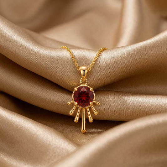 Sun Drop Pendant | 925 Sterling Silver & Garnet | Radiant Sunburst Design | Empowerment - Celebration Gift