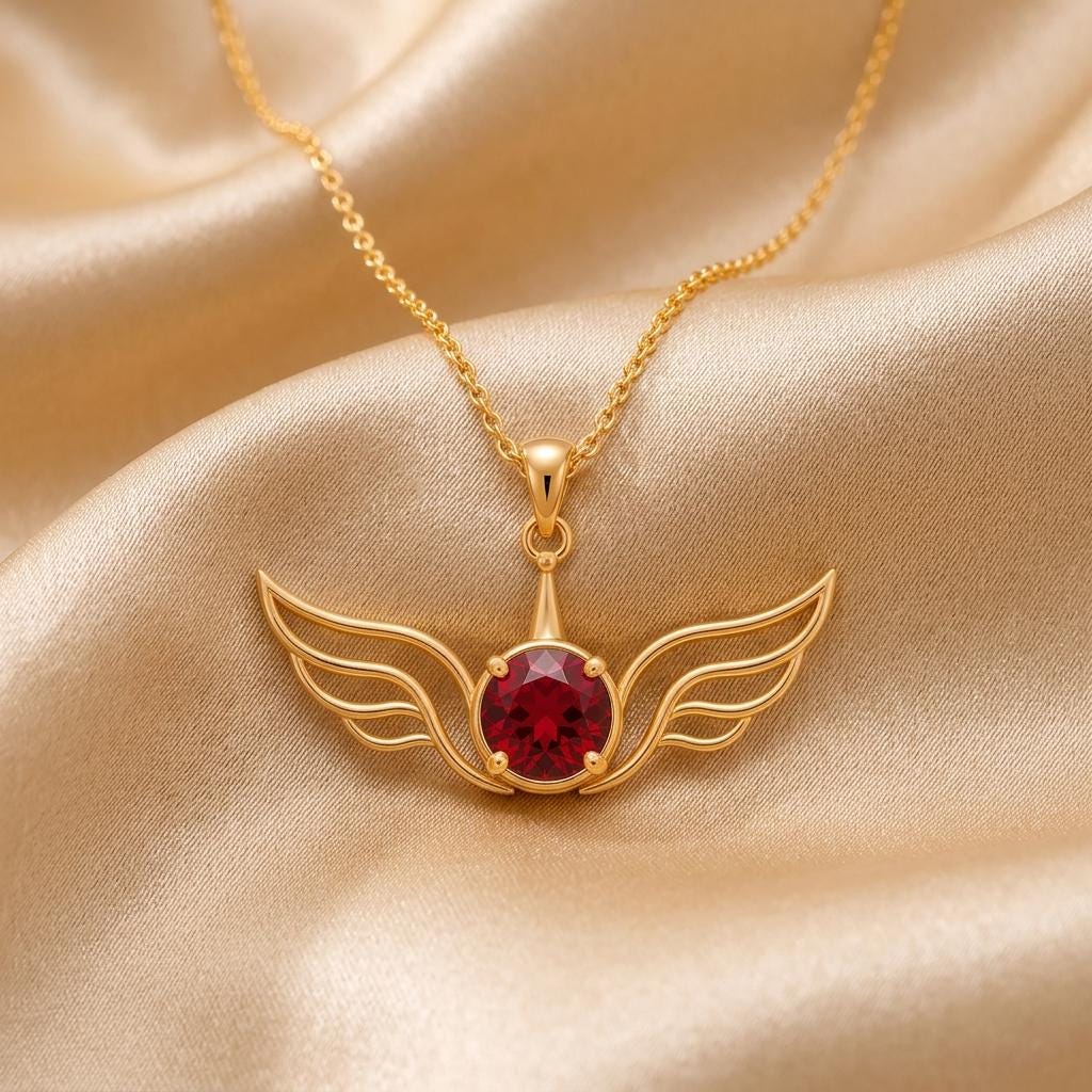 Open Wing Gem Pendant | Sterling Silver Red Gemstone | Symbolic Winged Design | Empowerment & Protection Gift