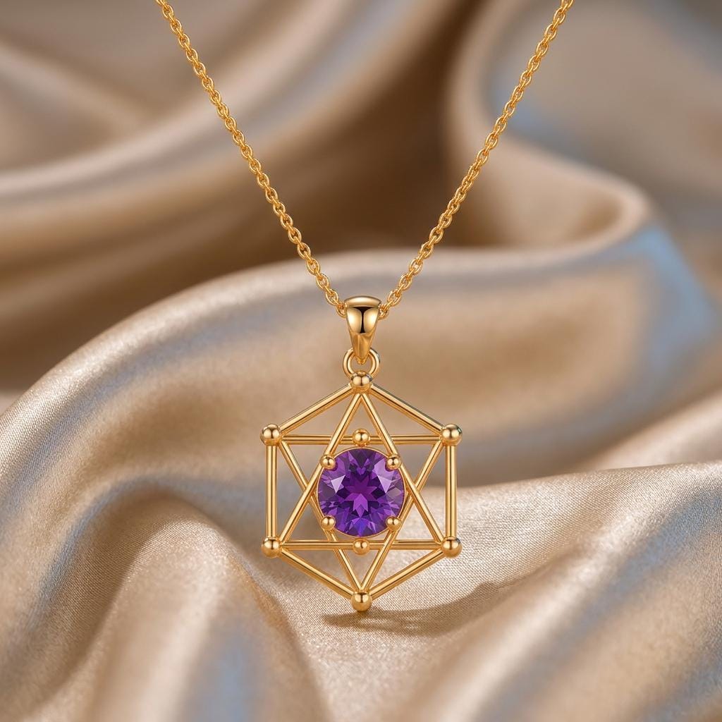 Sacred Geometry Gem Pendant | Gold Plated Silver Amethyst | Spiritual Geometric Design | Meaningful Protection Gift