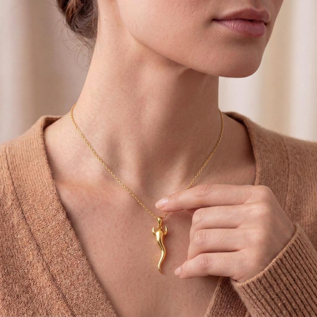 Horn Necklace | 14K Gold Plated 925 Sterling Silver Handmade | Talisman Protection Jewelry | Lucky Gift for Her