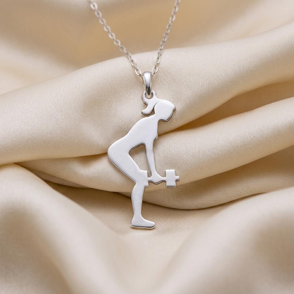 Female Dumbbell Necklace | 925 Sterling Silver Jewelry | Fitness & Strength Pendant | Motivational Gift for Gym Lovers