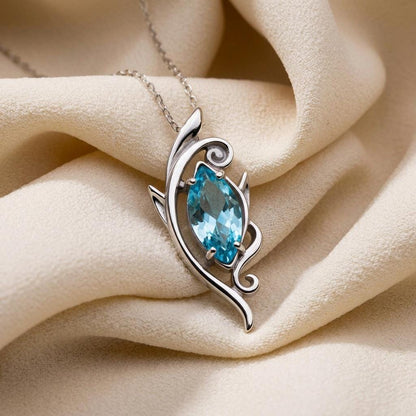Elven Wave Necklace | 925 Sterling Silver Jewelry | Blue Topaz Gem Fantasy Design | December Birthstone Gift for Her