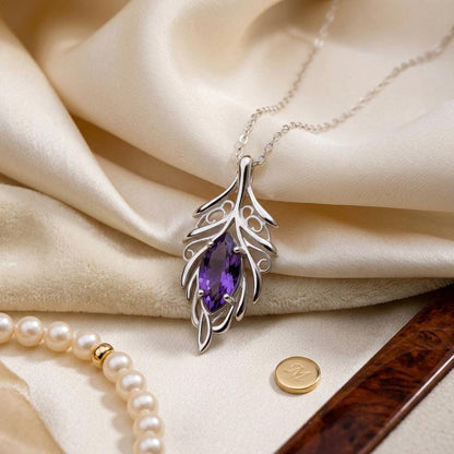 Elven Leaf Necklace | 925 Sterling Silver Jewelry | Amethyst Gem Fantasy Design | February Birthstone Gift for Her