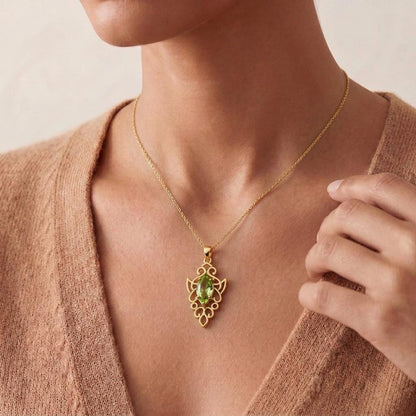 Elven Peridot Necklace | 14K Gold Plated Silver Jewelry | Green Gem Fantasy Design | August Birthstone Gift for Her