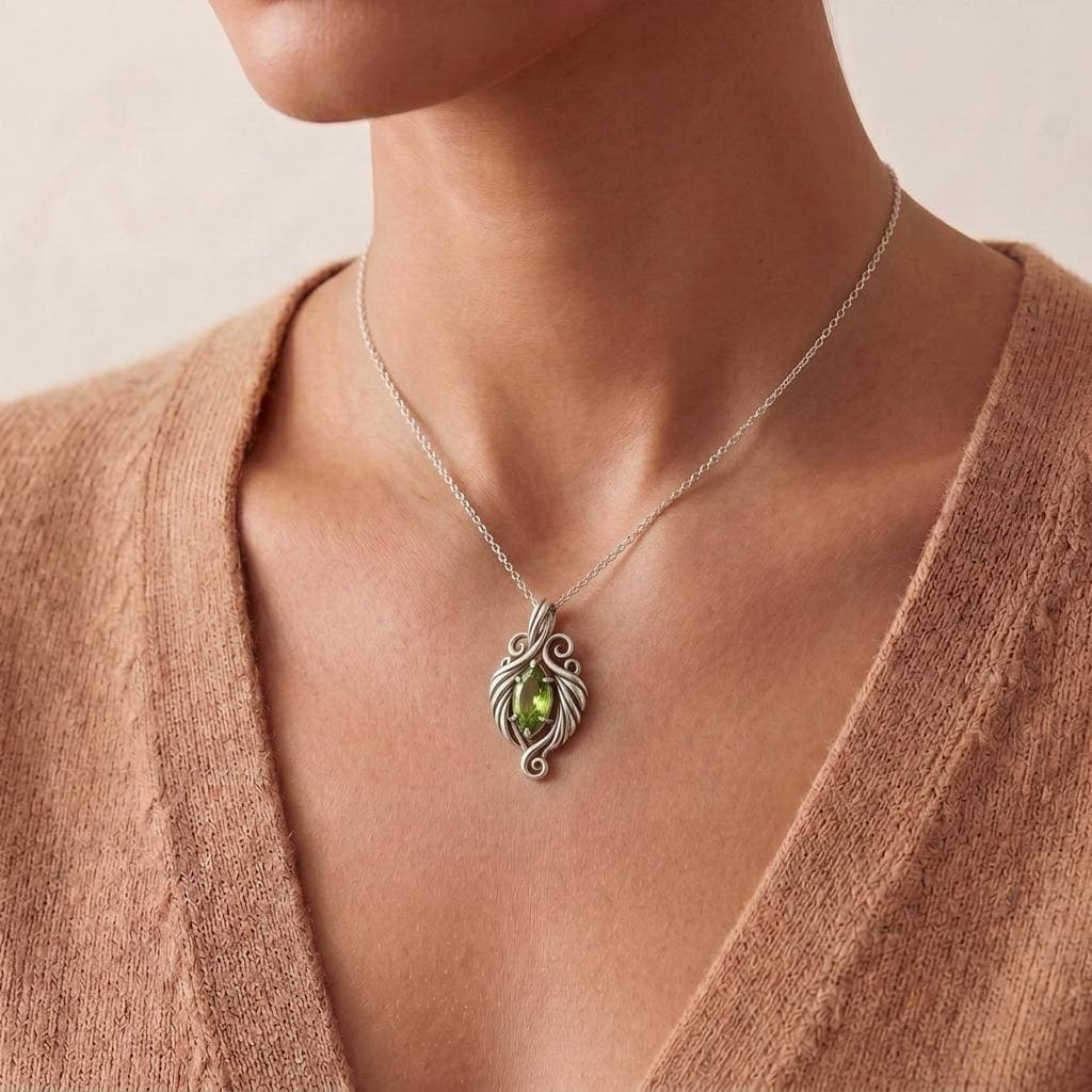 Elven Peridot Necklace | 925 Sterling Silver Women | Fantasy Leaf Filigree Design | Meaningful Gift for Nature Lovers