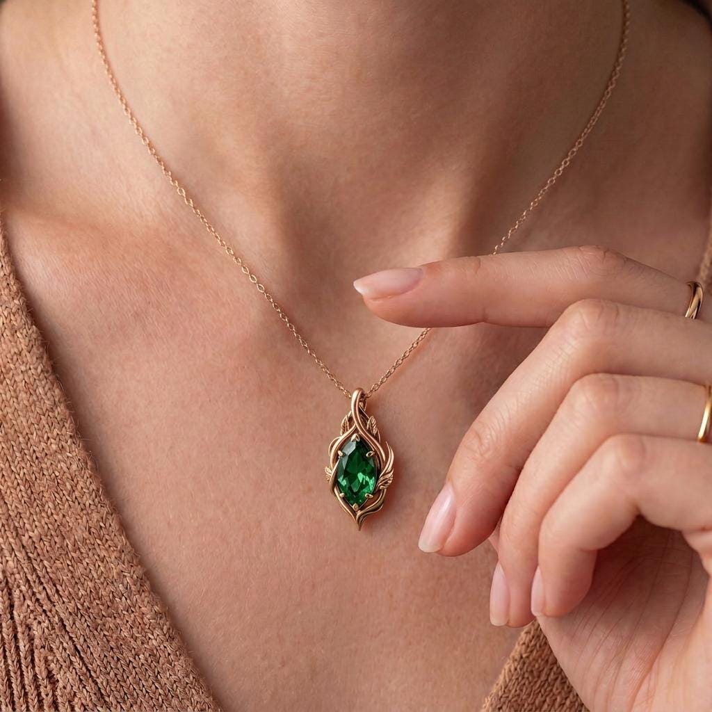 Marquise Birthstone Necklace | 925 Sterling Silver | Botanical Vine Leaf Fantasy Jewelry | Personalized Birthstone Gift
