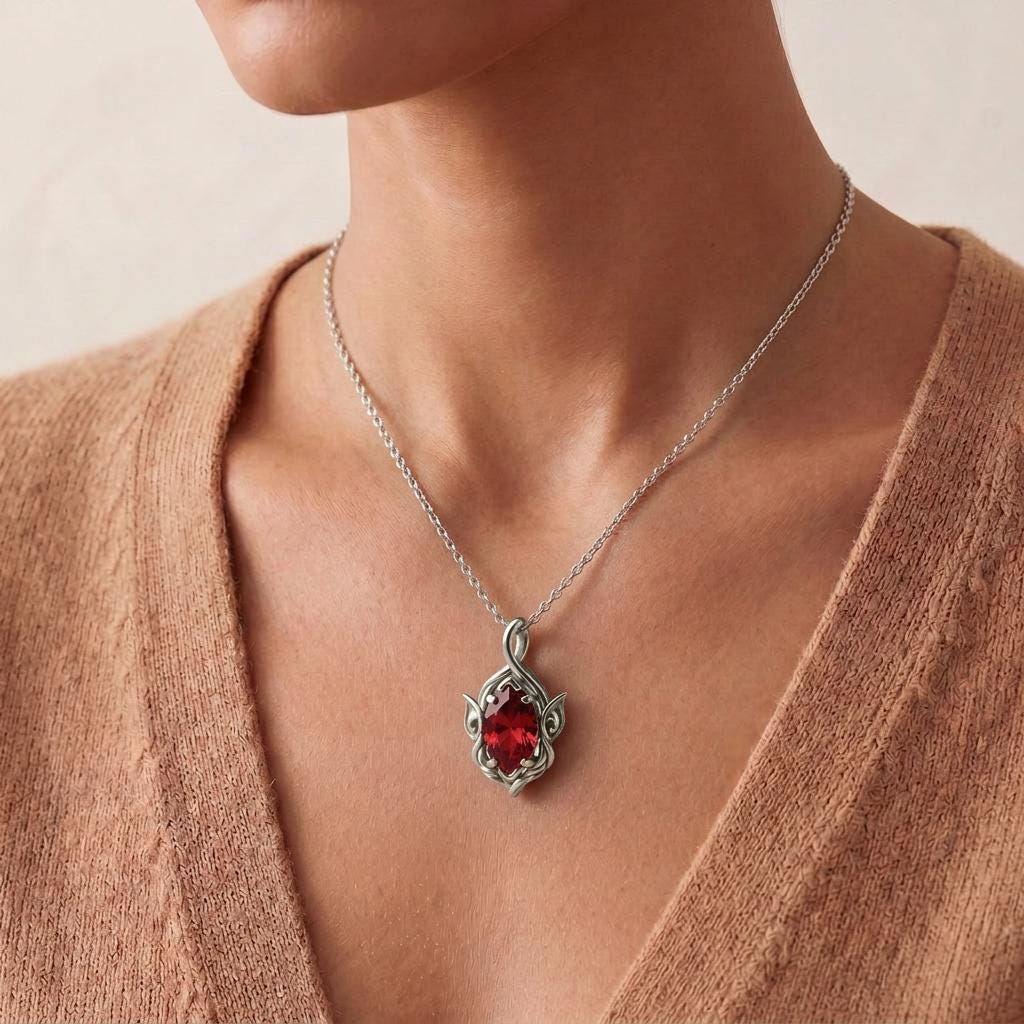 Ruby Flame Necklace | 925 Sterling Silver Elegant Pendant | Romantic Nature Inspired Jewelry | Anniversary Gift for Her