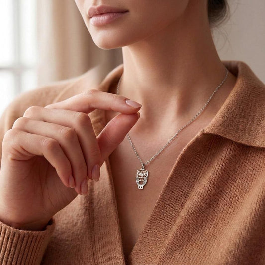 Front view of Owl Pendant Necklace | 925 Sterling Silver for Nature Lovers | Minimalist Woodland Style | Meaningful Gift for Her in 925 sterling silver