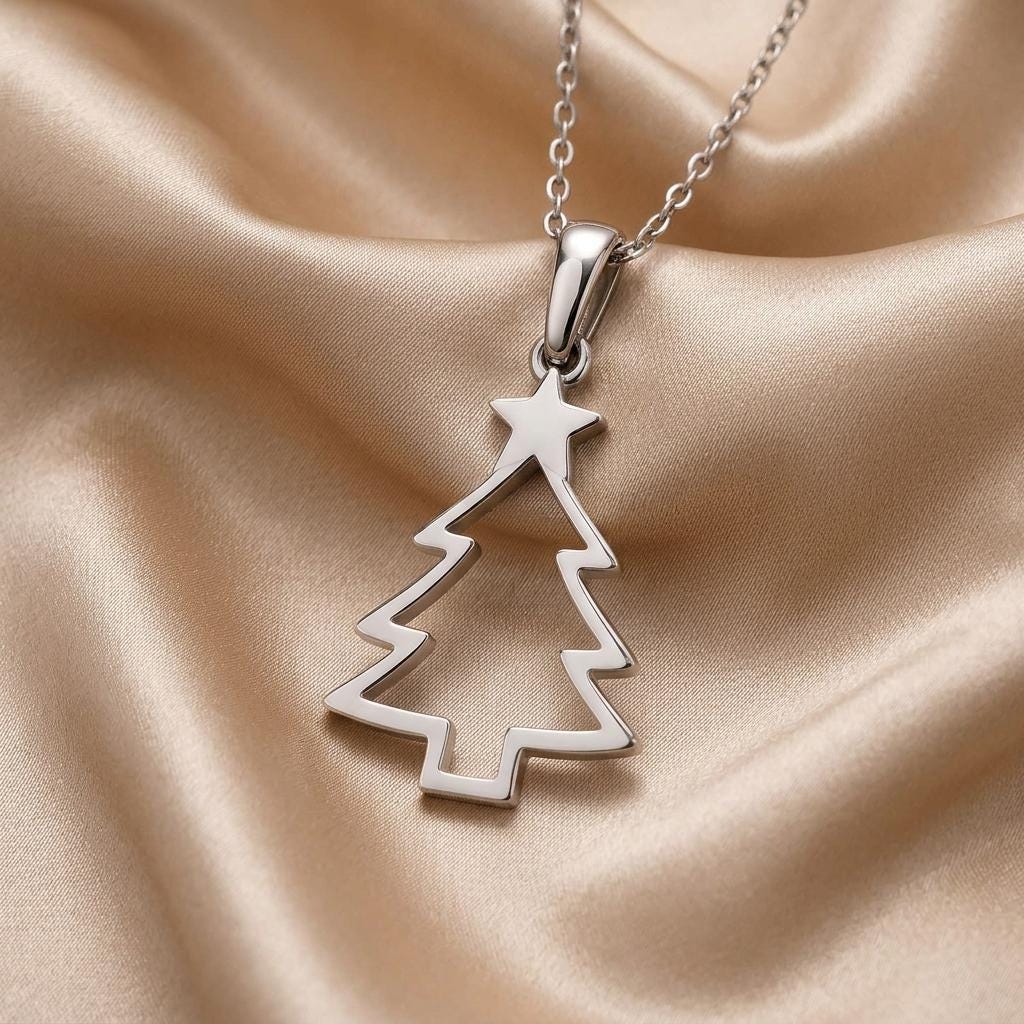 Christmas Tree Necklace, Sterling Silver Holiday Pendant, Minimalist Star Tree Jewelry, Handmade Silver Necklace