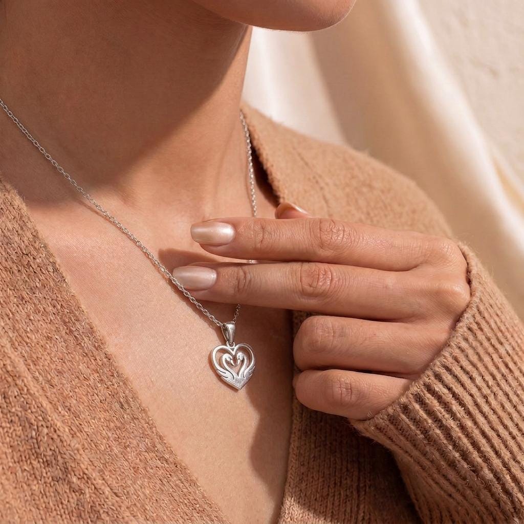 Heart Swan Necklace, Handmade Sterling Silver Pendant, Minimalist Jewelry
