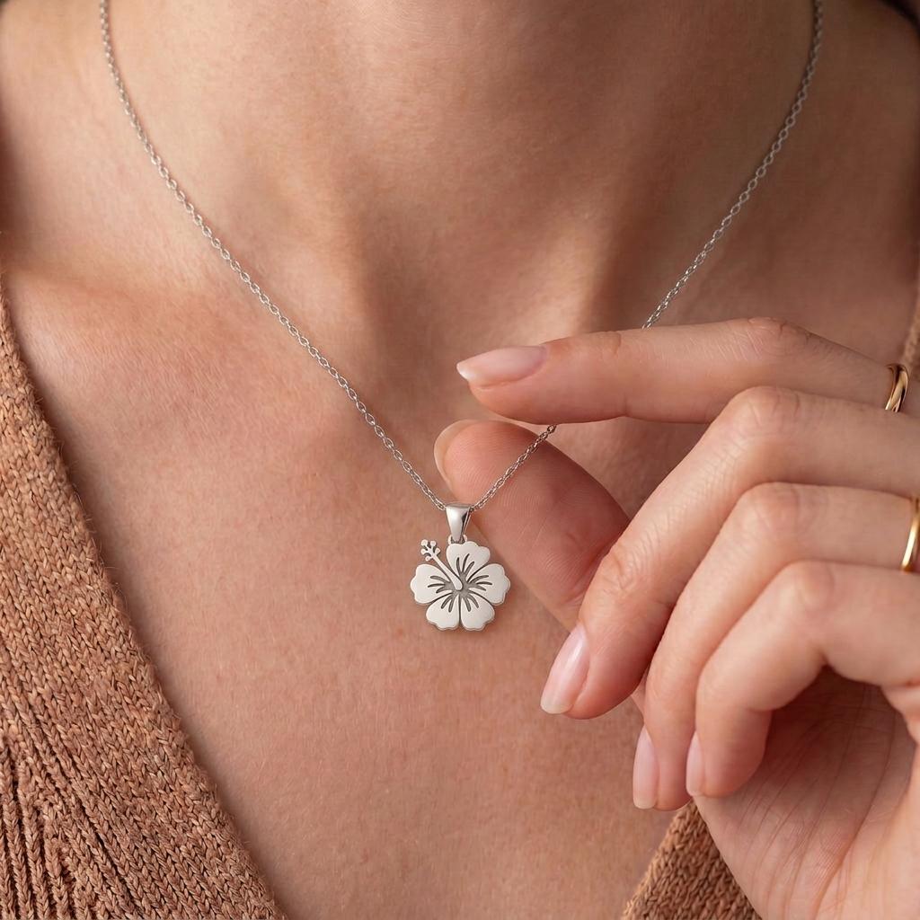 Handmade Hibiscus Necklace | Solid 925 Sterling Silver Floral Pendant | Botanical Nature Jewelry | Gift of Beauty and Joy