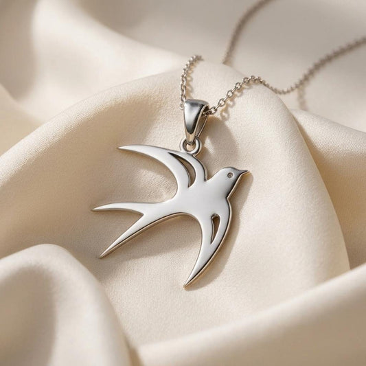 Front view of Swallow Bird Necklace | 925 Sterling Silver Jewelry | Minimalist Nature Inspired Design | Meaningful Freedom Gift in 925 sterling silver