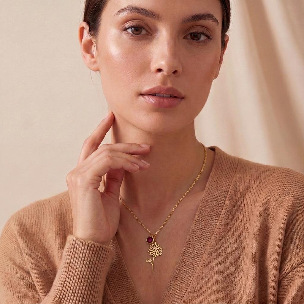 July Birth Flower & Birthstone Necklace | 925 Sterling Silver for Women | Water Lily Ruby Botanical Jewelry | July Birthday Gift for Her