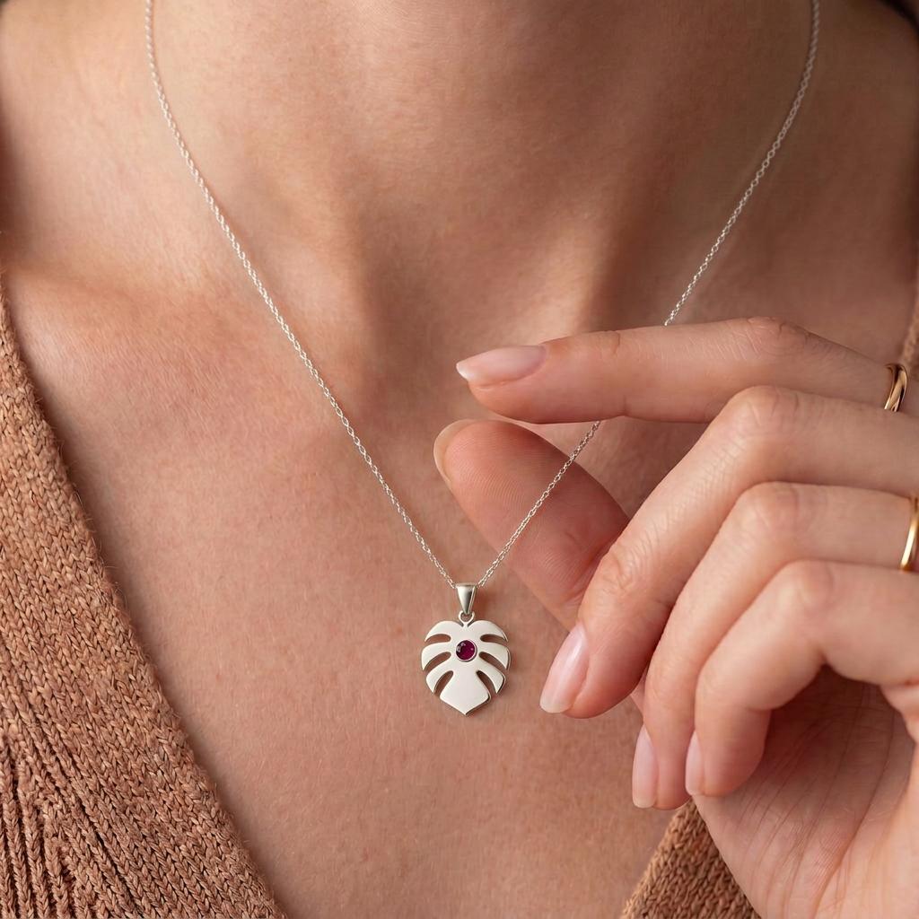 Monstera Leaf Birthstone Necklace | 925 Sterling Silver | Botanical Nature Jewelry | Meaningful Personalized Gift