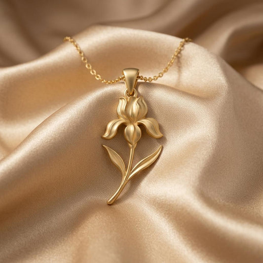 Iris Flower Pendant Necklace | 18K Gold Plated 925 Silver Jewelry | Botanical Birth Flower Design | February Birth Flower Gift