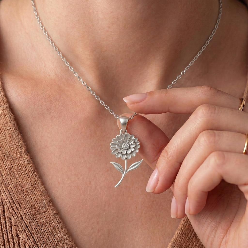 Zinnia Flower Necklace | 925 Sterling Silver | Botanical Floral Design | Meaningful Floral Gift