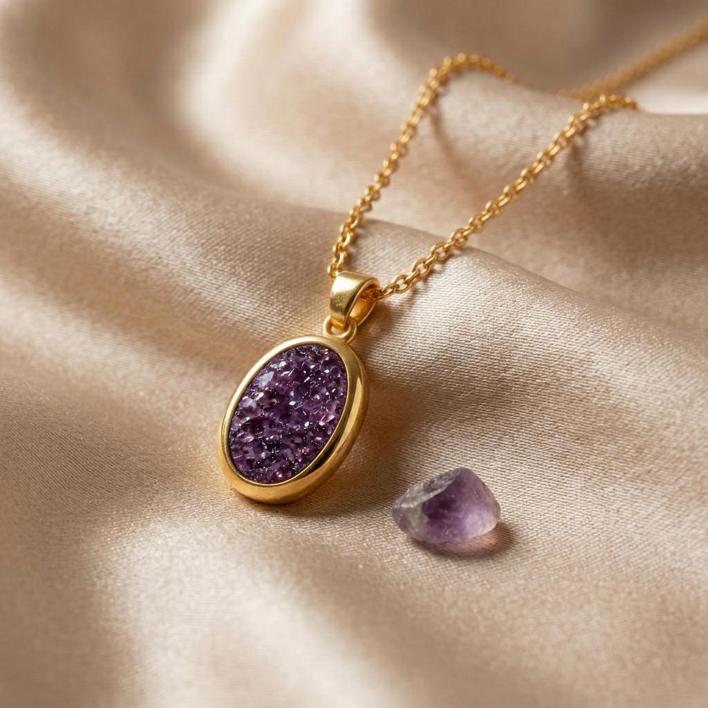Amethyst Druzy Oval necklace | 925 Sterling Silver | Elegant Gemstone Jewelry | Thoughtful Gift for Her