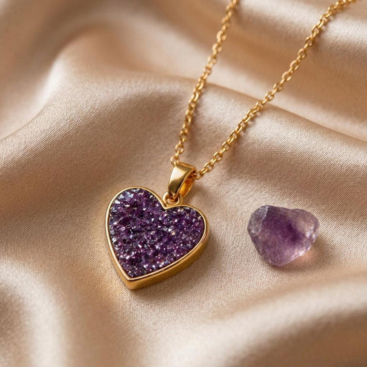 Amethyst druzy Heart Necklace | 925 Sterling Silver Jewelry | Elegant Gemstone Heart Design | Romantic & Special Occasion Gift