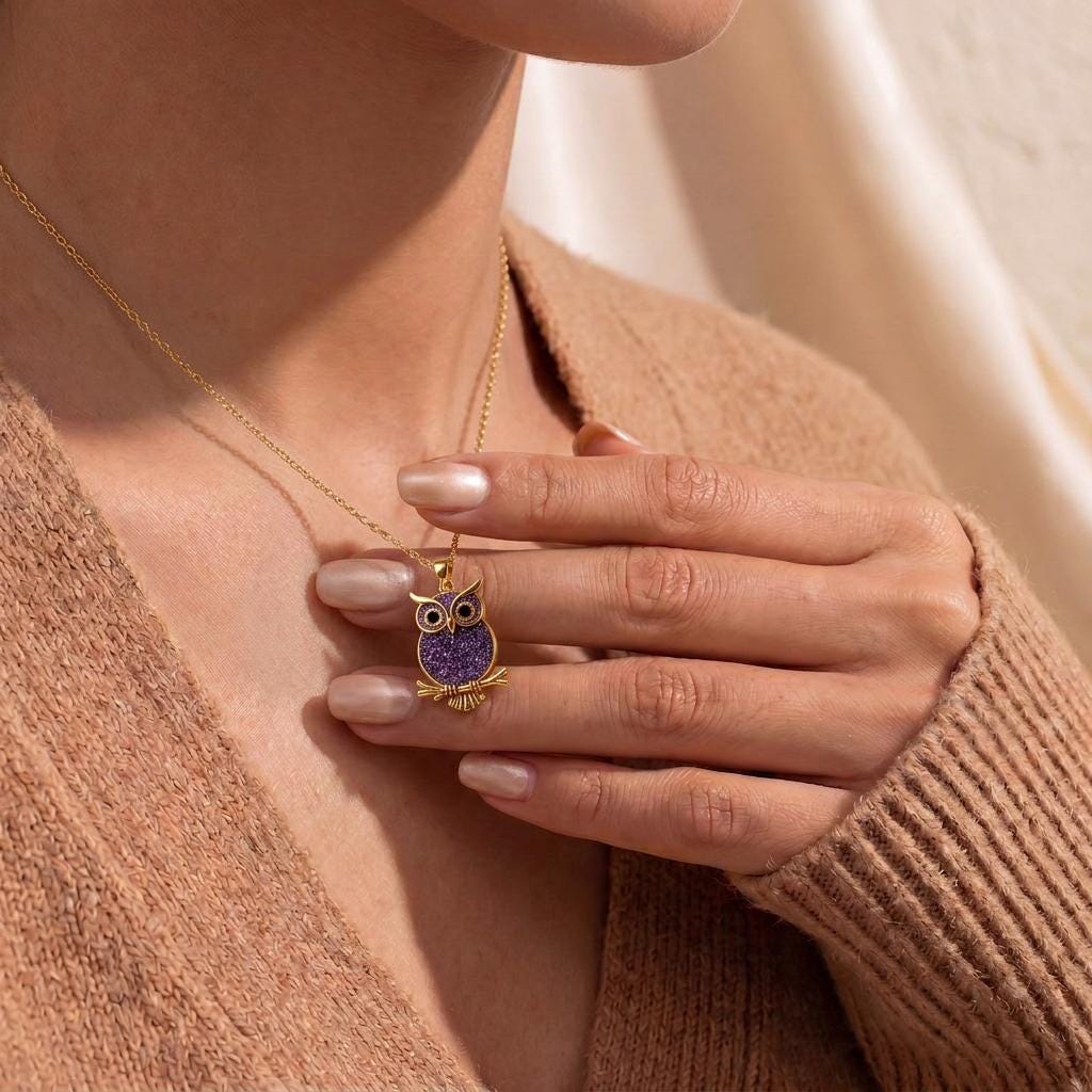 Amethyst Druzy Owl Necklace | 925 Sterling Silver | Nature Inspired Animal Design | Wisdom & Protection Gift