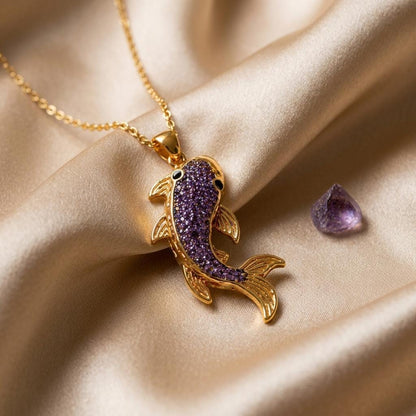 Amethyst koi fish druzy necklace | 925 Sterling Silver Plated | Symbolic Ocean Theme | Good Luck & Prosperity Gift