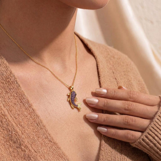 Close-up of handmade Amethyst koi fish druzy necklace | 925 Sterling Silver Plated | Symbolic Ocean Theme | Good Luck & Prosperity Gift
