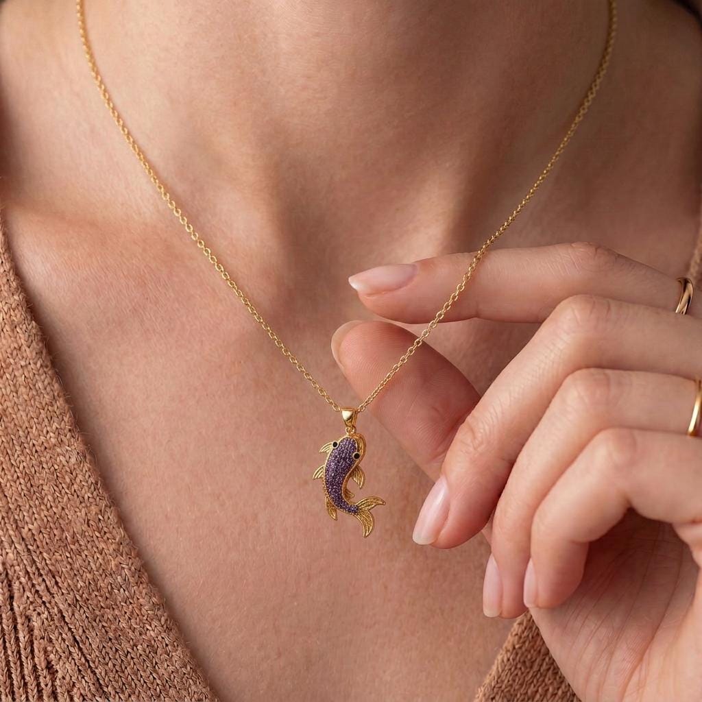 Amethyst koi fish druzy necklace | 925 Sterling Silver Plated | Symbolic Ocean Theme | Good Luck & Prosperity Gift