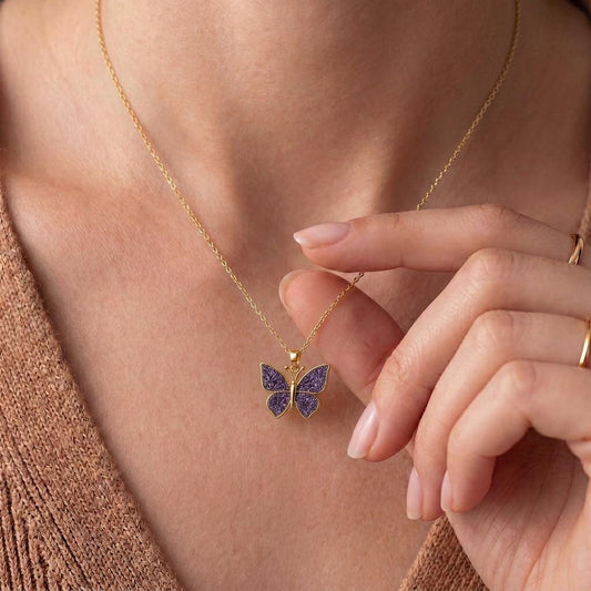 Close-up of handmade Amethyst Druzy Butterfly Necklace | Gold Plated 925 Silver | Nature Inspired Whimsy | Symbolic Gift for Her