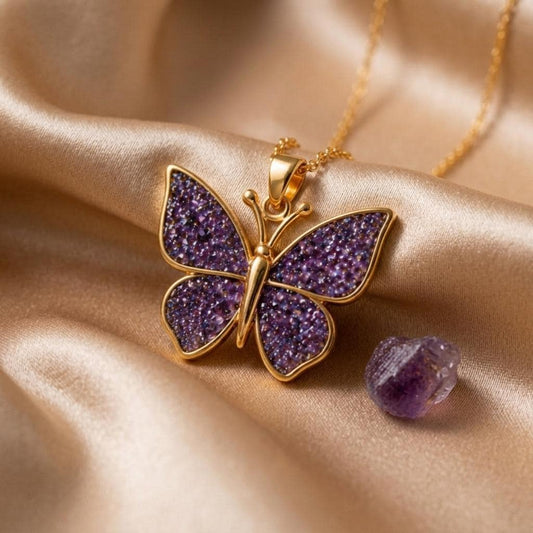Amethyst Druzy Butterfly Necklace | Gold Plated 925 Silver | Nature Inspired Whimsy | Symbolic Gift for Her