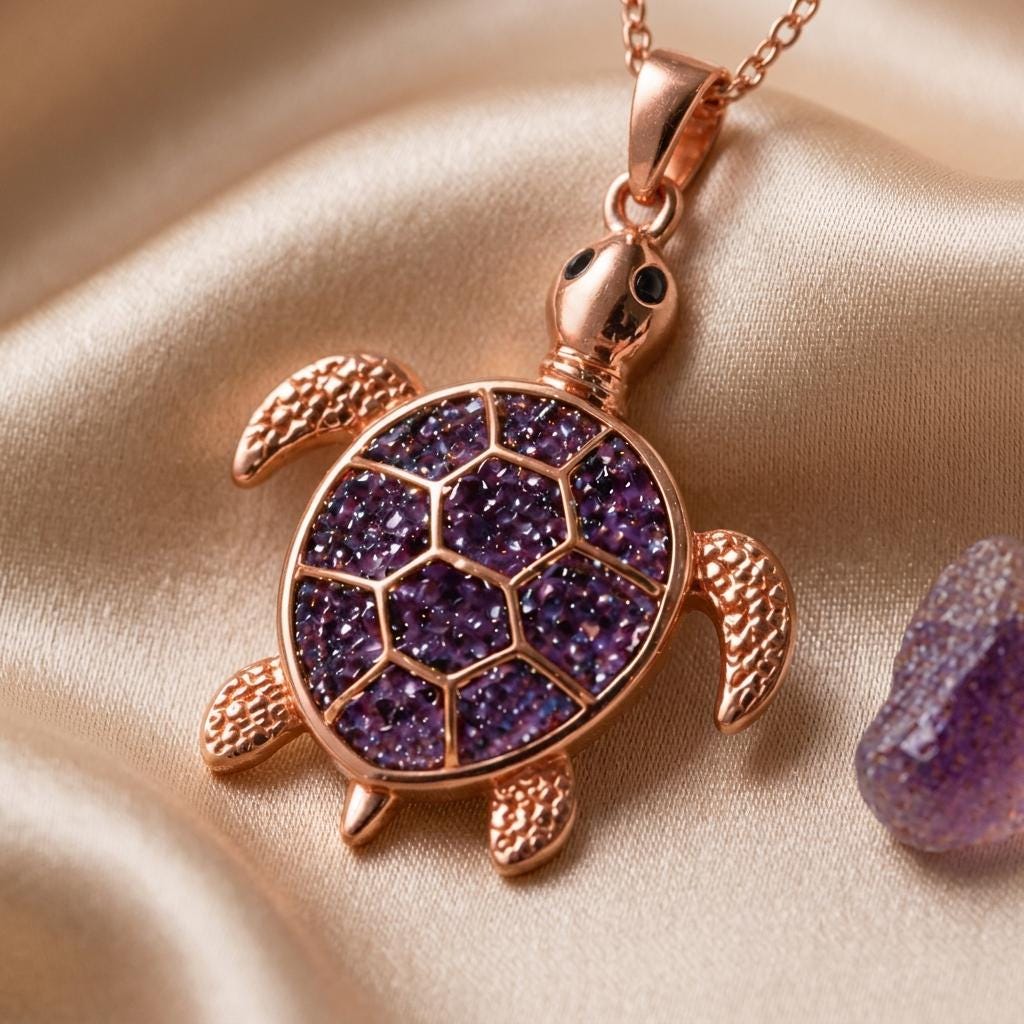 Amethyst Druzy Turtle Necklace | 925 Sterling Silver & Amethyst | Nature Inspired , Sparkling | Symbolic Protection Gift