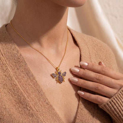 Amethyst Druzy Bee Necklace | 925 Sterling Silver | Nature Inspired Charm | Meaningful Gift for Her