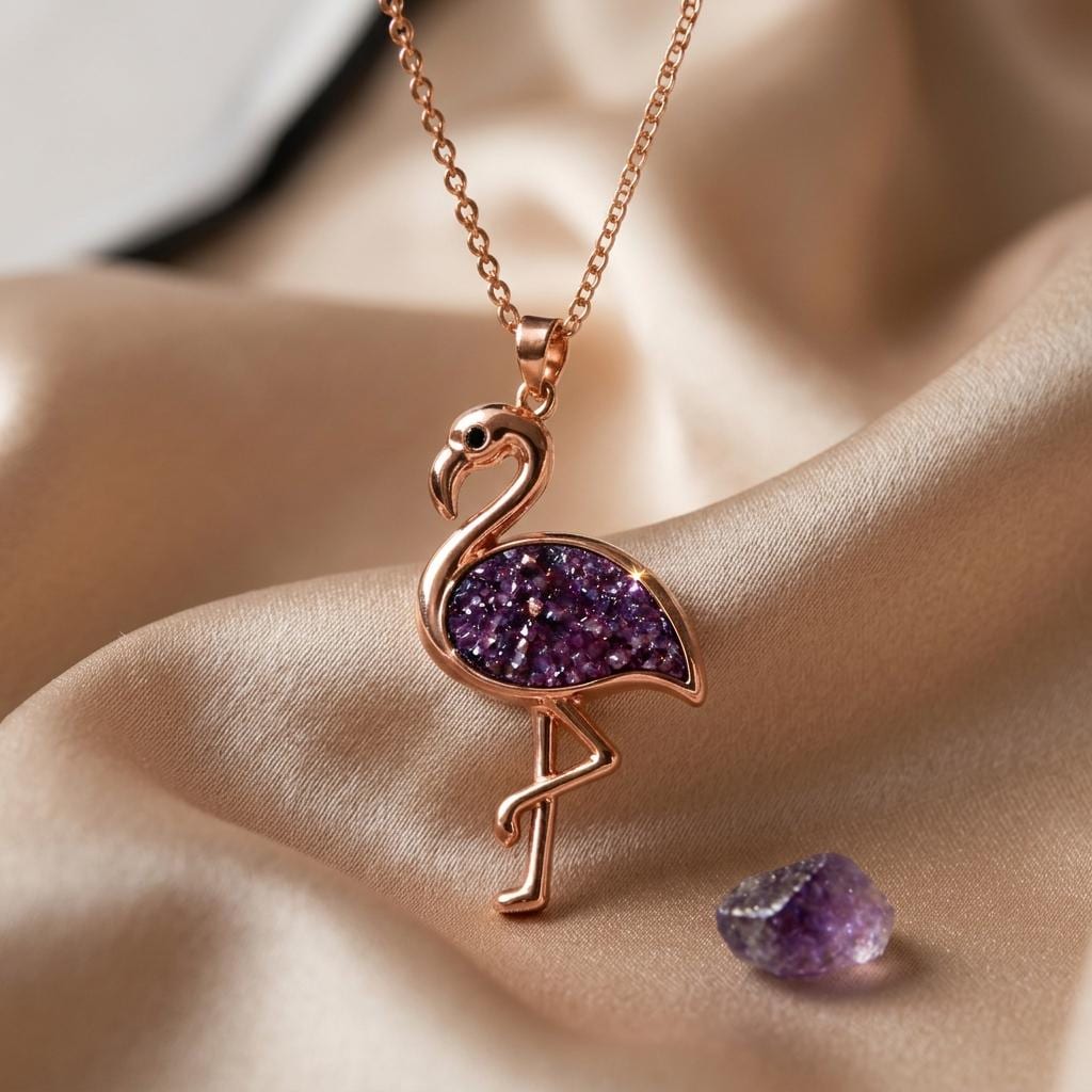 Amethyst Druzy Flamingo Necklace | Sterling Silver | Tropical Charm | Meaningful Gift