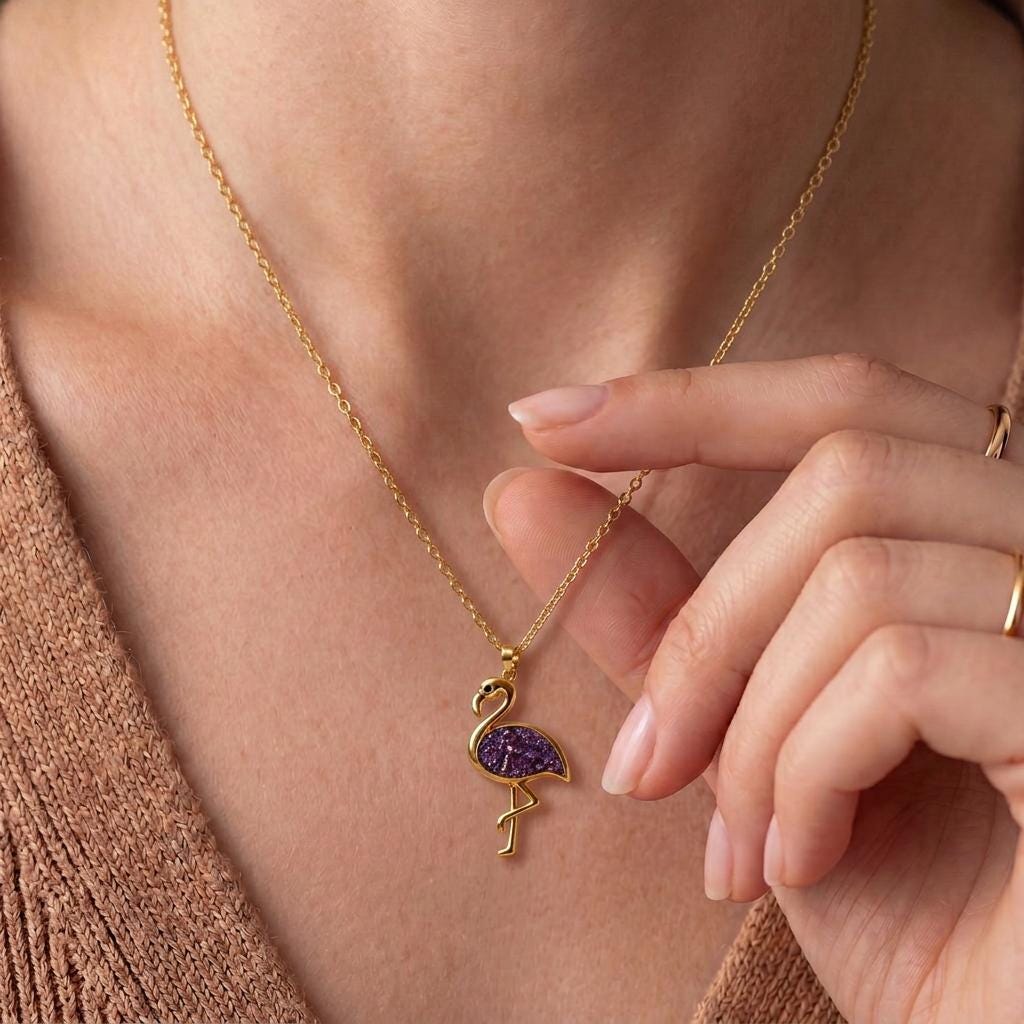 Amethyst Druzy Flamingo Necklace | Sterling Silver | Tropical Charm | Meaningful Gift
