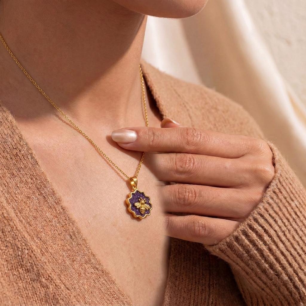 Amethyst Druzy Honeycomb Necklace | 925 Sterling Silver & Amethyst | Nature Inspired Whimsical Bee | Birthday Anniversary Gift for Her