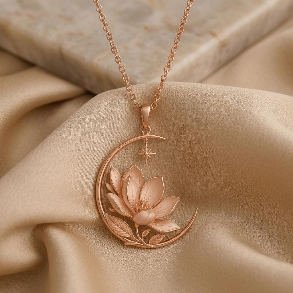 Royal Magnolia Crescent Necklace | 925 Sterling Silver | Celestial Floral Design | Thoughtful Gift for Her